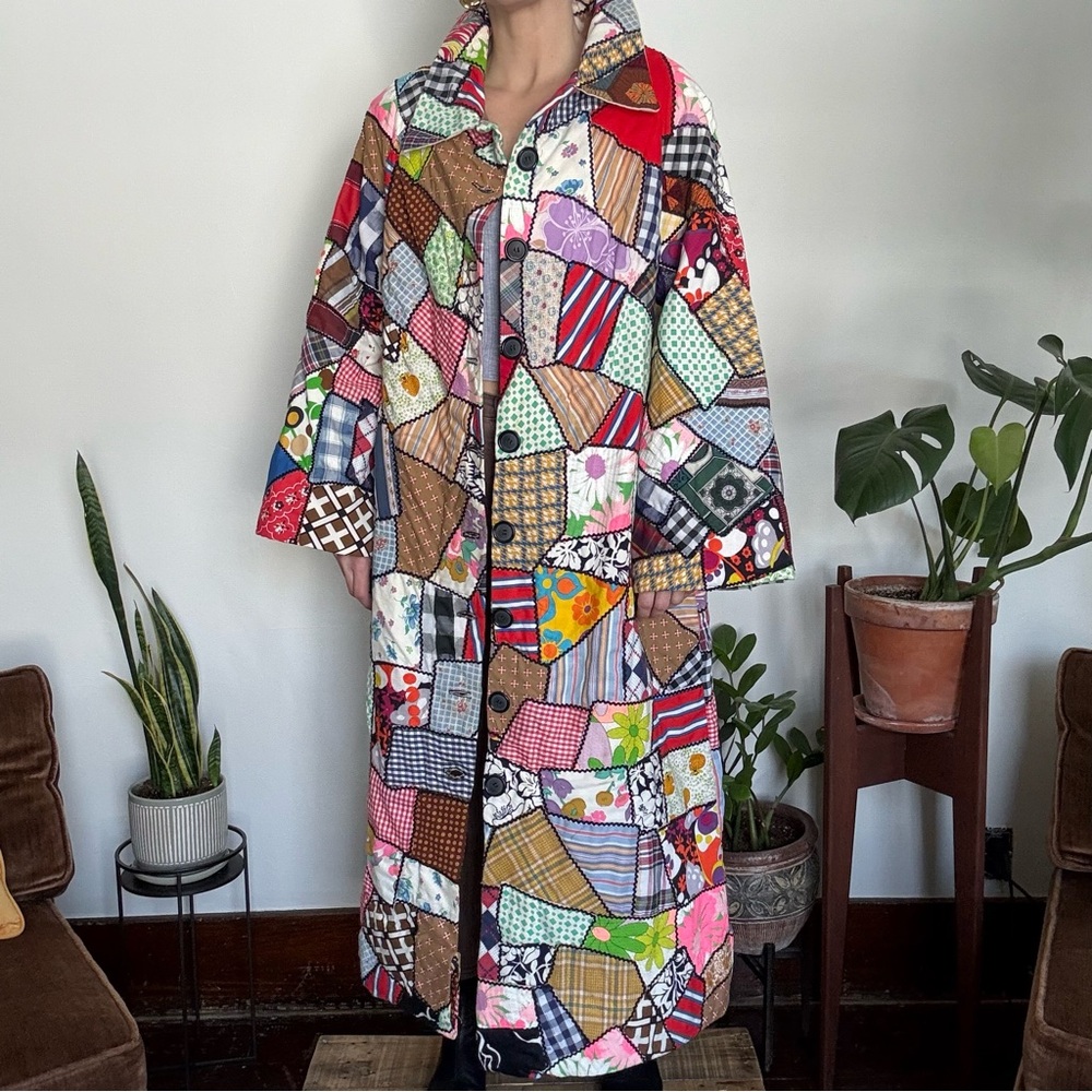 Vintage 70s Handmade Quilted Patchwork Long Coat